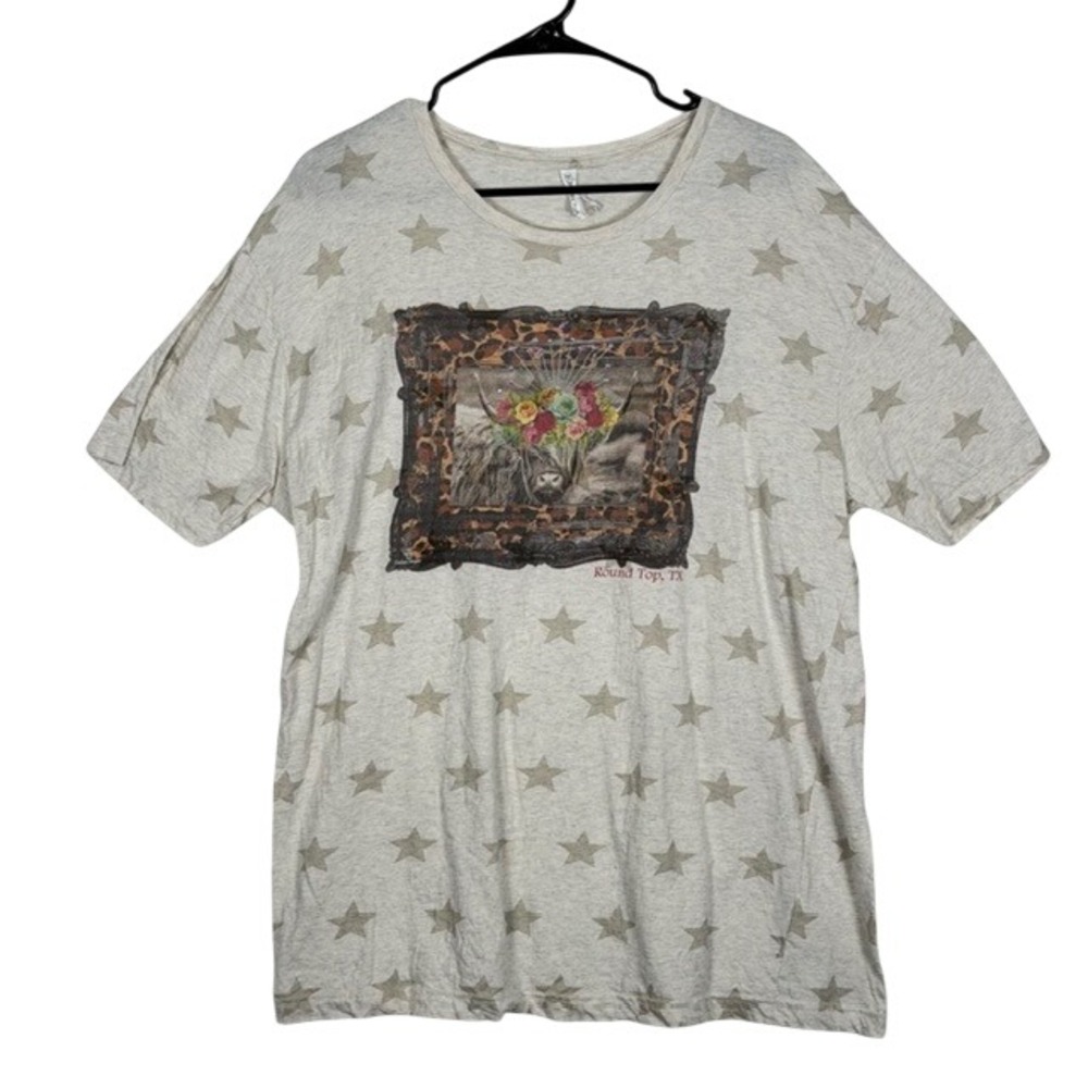 Code Five Womens Highland Cow Star Print Graphic Tee Round Top TX Oatmeal L